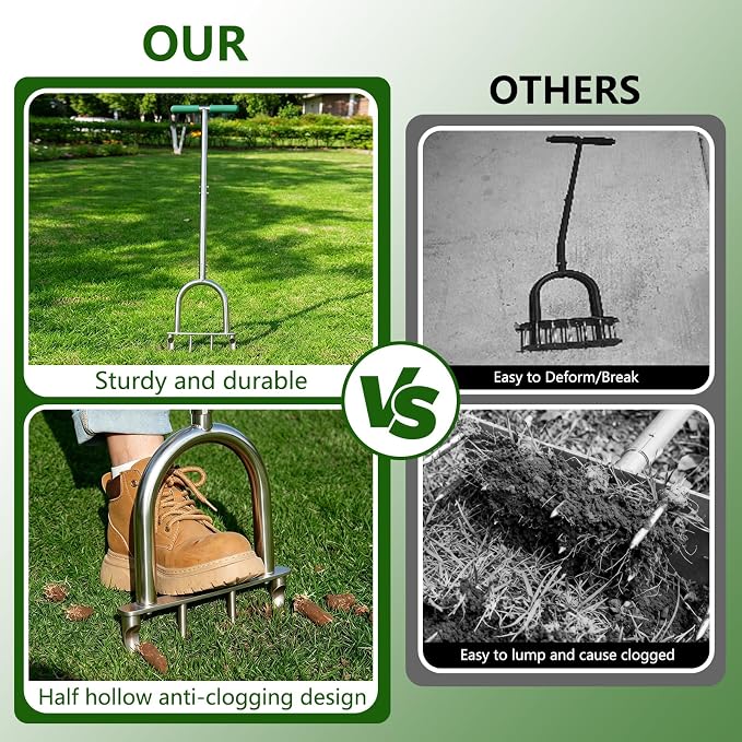 Manual Lawn Core Aerator Tool with 2 Hollow Tines & 2 Spikes, Adjustable Semi-Assembled Plug Aerator, Stainless Steel Grass Aerator for Lawn Care, Garden & Yard, Relieves Compacted Soil
