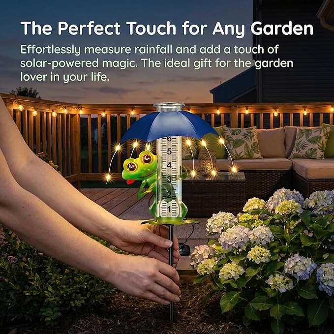 Rain Gauge Outdoor Solar Frog 7-Inch Glass Tube Rain Gauges with LED Lights for Yard Patio Garden Decor,Frog Design Decorative Weather Gauge for Garden, Yard, Lawn, Patio (Multiple Lights)