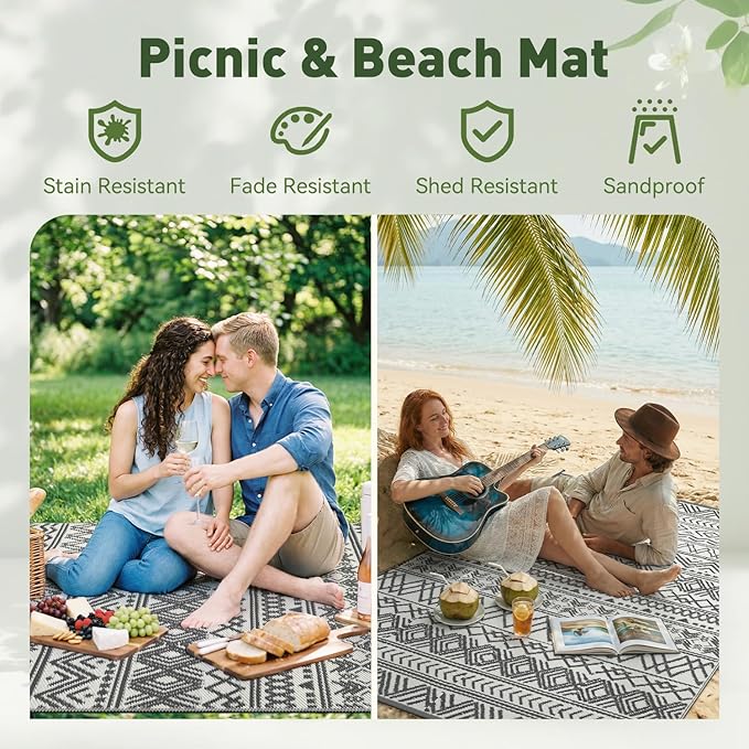 MontVoo Outdoor Rug Carpet Waterproof 10x14 Outdoor Patio Rug Mat Reverisble Plastic Straw Outdoor Rugs for RV Camping Picnic Beach Balcony Boho Grey Large