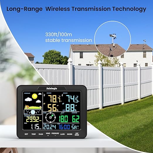 Sainlogic 12-in-1 Home Weather Station Wireless Indoor Outdoor and Rain Gauge Outdoor for Temperature, Humidity, Forecast, Pressure, Moon Phase, Alarm for Bedroom, Black (No WiFi)
