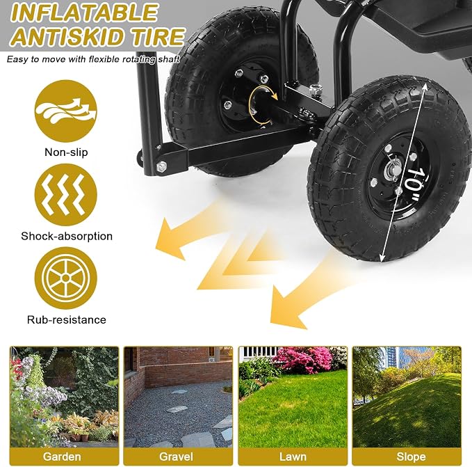 VINGLI Rolling Garden Stool with Seat and Extendable Handle, Gardeners Tool Seat with Wheels and Extra Storage, Gifts for People with Bad Knees (Black)