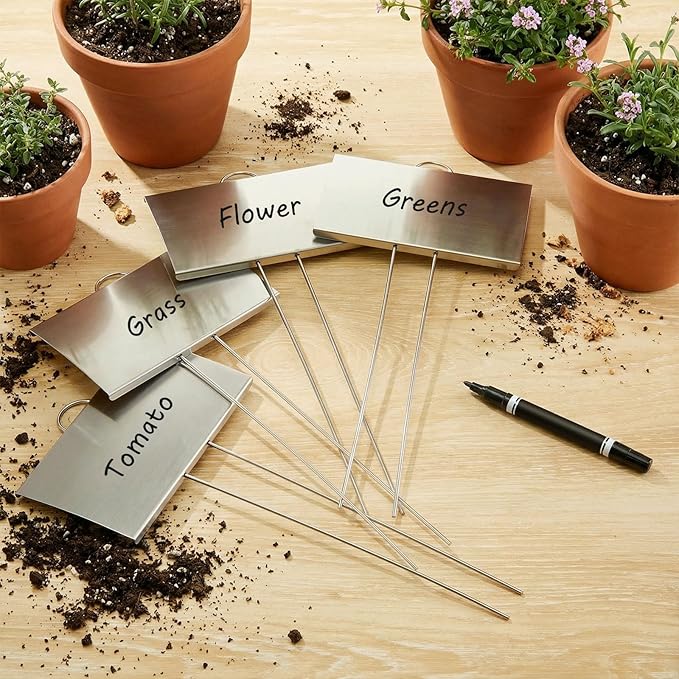 Landhoow 12 Pcs Large Garden Plant Markers Metal Plant Labels Sign 5'' x 3'' with 11'' Stake Weatherproof Waterproof Garden Sign for Outdoor Seedlings Herbs Vegetable Greenhouse, Silver