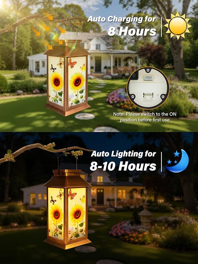 Guhope Birthday Gifts for Women Mom Grandma Men, Solar Lanterns Outdoor Waterproof Hanging Garden Decor with Sunflower Butterfly Pattern Outdoor Solar Lights for Garden Lawn Yard Patio Porch