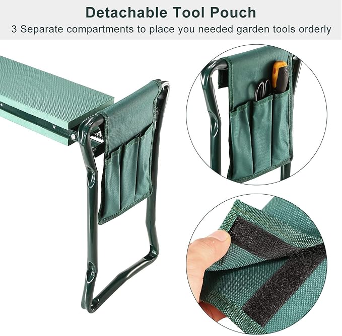 TeqHome Garden Kneeler and Seat Foldable Lightweight Garden Bench with Tool Pouch and Soft Kneeling Pad Portable Garden Stool