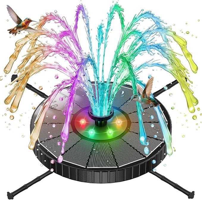 Solar Fountain with 3 Spray Height, Colorful Led Lights, 3.5W Glass Solar Bird Bath Water Fountain with 2000mAh Battery, 4 Rotating Rods and 7 Nozzles for Hummingbird Bathing, Outdoor Decor