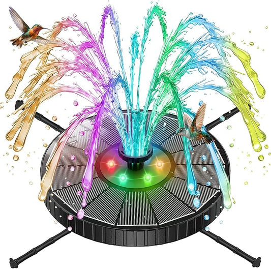 Solar Fountain with 3 Spray Height, Colorful Led Lights, 3.5W Glass Solar Bird Bath Water Fountain with 2000mAh Battery, 4 Rotating Rods and 7 Nozzles for Hummingbird Bathing, Outdoor Decor