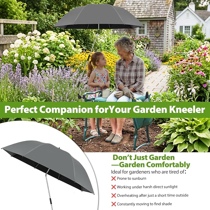 Garden Kneeler Umbrella,42” Large Chair Umbrella with Universal Clamp, 360°Swivel and UPF 50+ Protection,Folding Clip on Umbrellas for Garden Seat Bench Beach Chairs Strollers Golf Carts, NO KNEELER