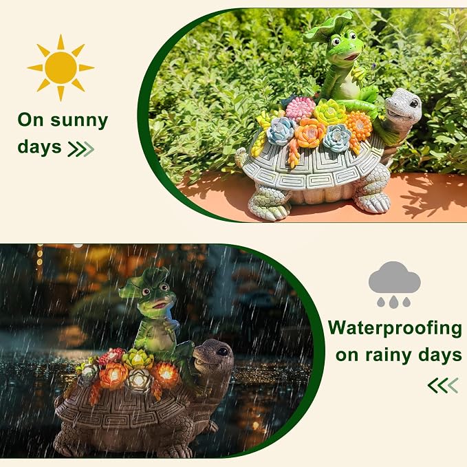 Solar Garden Outdoor Statues Turtle& Frog with Succulent and 8 LED Lights, Turtle Carrying Lotus Leaf Frog Figurines, Lawn Decorations for Patio Yard Gifts for Mom Grandma Housewarming