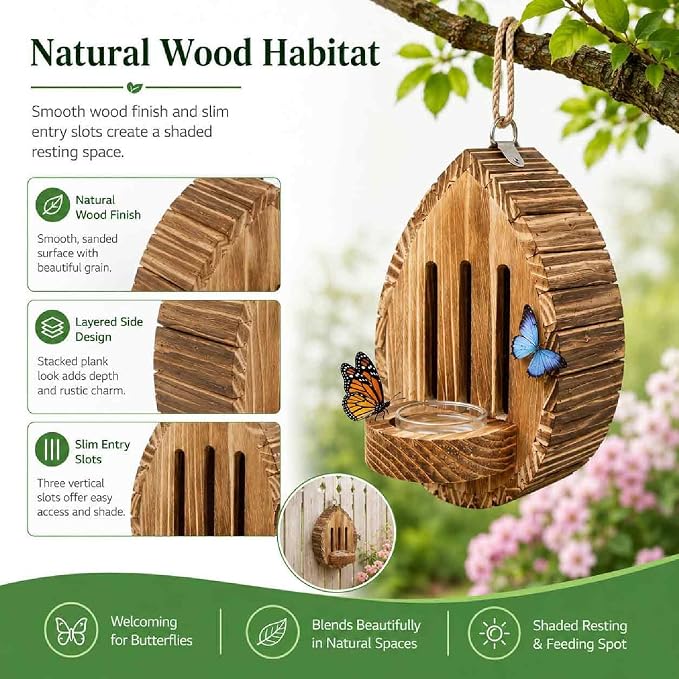 Butterfly Houses for Outside, Wooden Butterfly House Feeder Shelter with Puddling Floor, Tree Hanging Teardrop Habitat Box for Garden, Yard, Patio, Backyard Outdoor Decor (2PCS)
