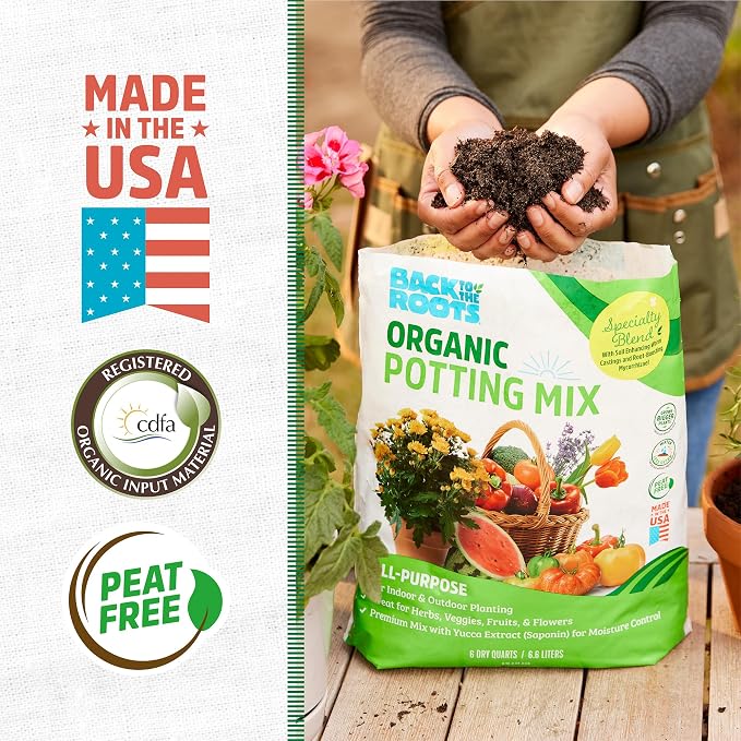 Back to the Roots All-Purpose Potting Mix 6 Quarts (Best Value), 100% Organic & USA Made for Herbs, Veggies, Flowers, w/Nutrient Rich Plant Food, Worm-Castings, & Moisture Controlling Yucca, 2 Packs
