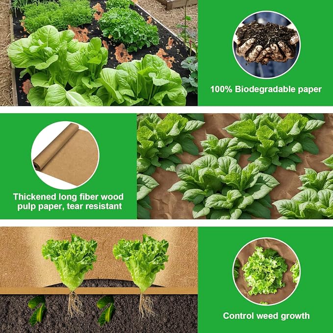 Biodegradable Paper Weed Barrier Roll, Thickened Tear Resistance Garden Weed Barrier Heavy Duty Garden Paper Weed Control Landscape Paper Mulch Weed Mat for Outdoor Garden Lawn (3 x 100 FT)