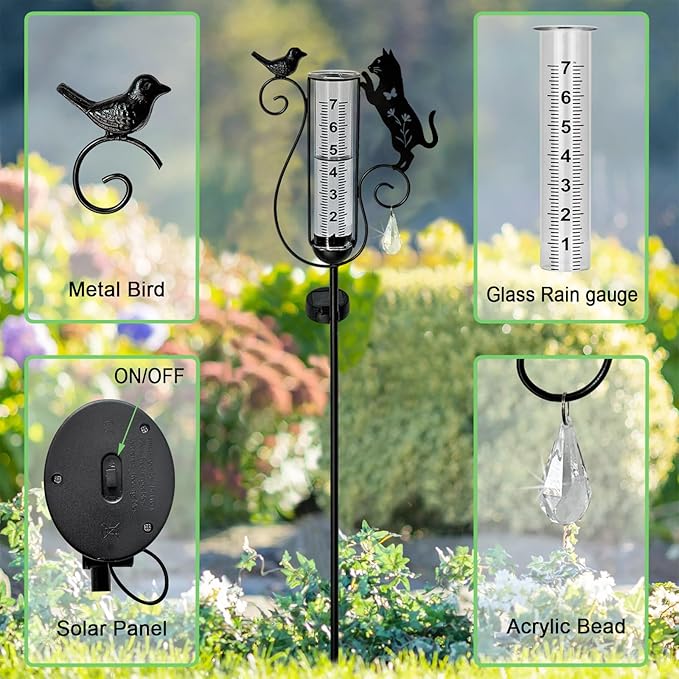 Rain Gauge Outdoor,Decorative Metal Black Cat and Bird Solar Light Stake with Glass Rain Gauges for Yard,Garden,Lawn, Pathway