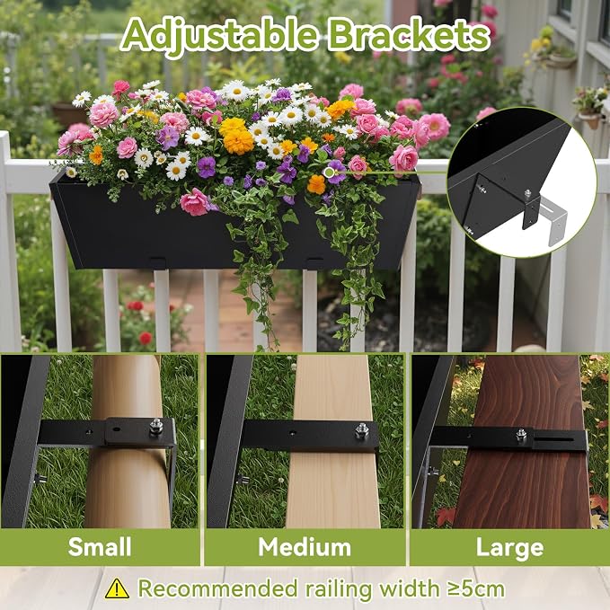 2 Pack Railing Planter Box 36 Inch - Heavy Duty Metal Window Boxes, Deck Railing Planter Boxes with Adjustable Bracket & Drainage, Hanging Planter for Deck Railing Balcony & Patio