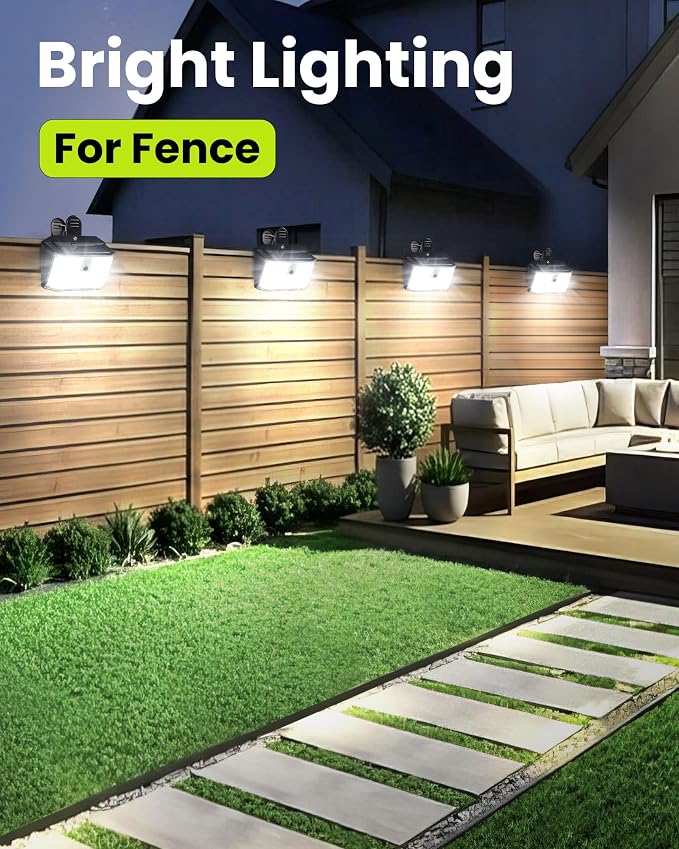 Clip on Solar Lights Outdoor with Motion Sensor, 600LM 176LED Solar Fence Lights Outdoor Waterproof, 3 Modes & Portable Security Lights for Chain Link Patio Deck Yard Garage(4Pack)
