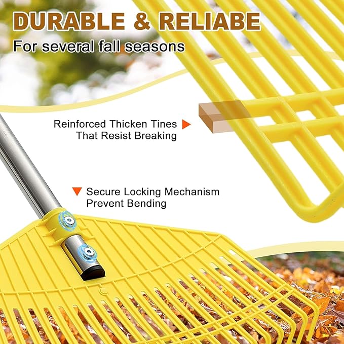 Leaf Rake - 16.5" Wide Nylon Plastic Head,65" Adjustable Handle,Heavy Duty for Leaves,Grass,Pine Needle,Mulch, Small Debris,Lawn-Friendly Tines,Lightweight for Women,Seniors & Kids