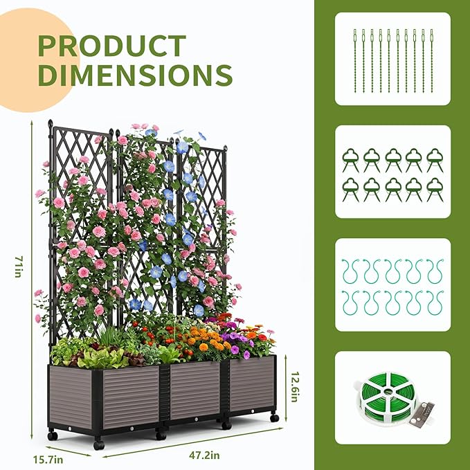 Raised Garden Bed Planter Box with Trellis, 63''H Tomato Planters for Climbing Plants Vegetable Vine Flowers Outdoor Patio Tomato Cage, Self Watering Planter with Wheels