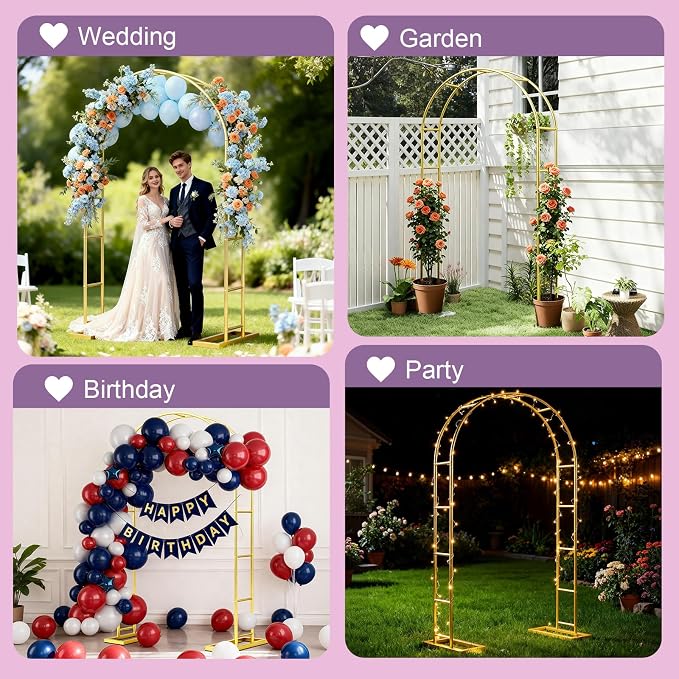7.2FT Metal Garden Arch Trellis Arbor, Wedding Arch Stand with Steel Frame, Metal Pergola Arbor with Base for Decor Valentines Day Garden Trellis Climbing Plant, Bridal Party Ceremony