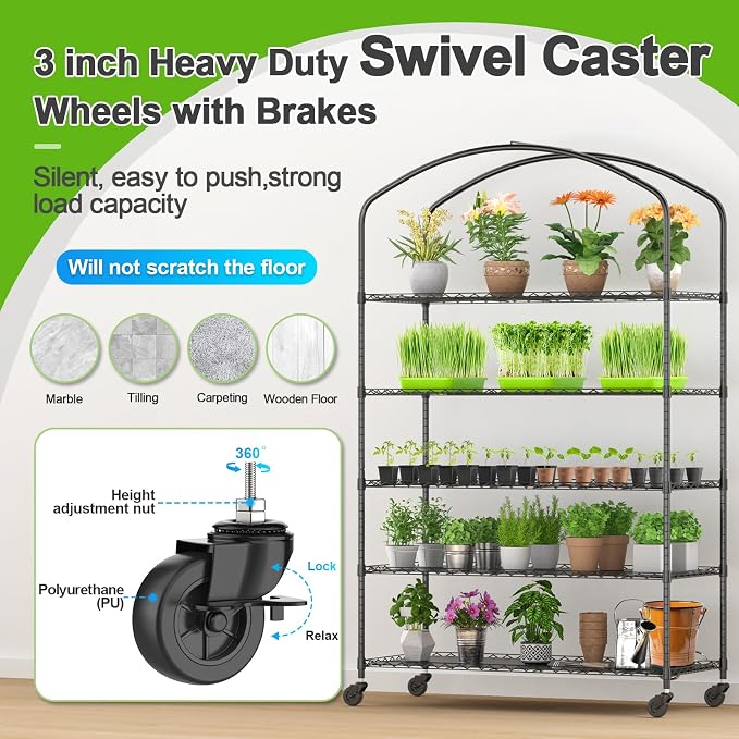 5-Tier Greenhouse with Caster Wheel, Each Shelf Height Adjustable Metal Plant Shelf with PVC Cover for Seed Starting Trays, Seedling Pots, Plant Pots, 21x49x80inch