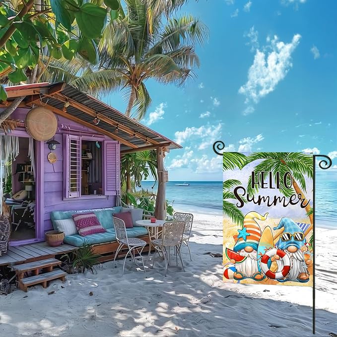 Hello Summer Garden Flags 12x18 Inch Double Sided, Cartoon Gnomes at The Beach Yard Decoration, Small Seasonal Outside Decor for Spring Outdoor Farmhouse Holiday