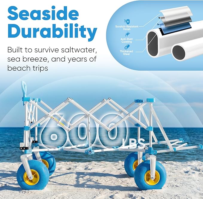 Sekey Heavy Duty Beach Wagon with 9" Big Sand-Proof Wheels, 300L Oversized Foldable Beach Cart with Cooler| Adjustable Handle & Balloon Tires for Sand, Camping,Vacation