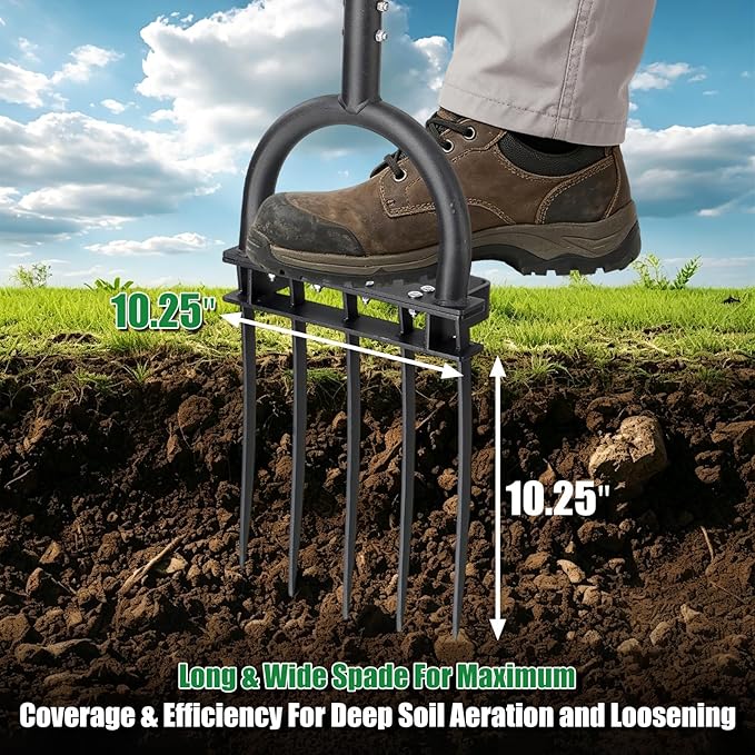 5-Tine Heavy Duty Garden Fork, 69" Metal Pitch Fork with Ergonomic D-Grip Handle for Digging, Weeding, Soil Loosening, Composting
