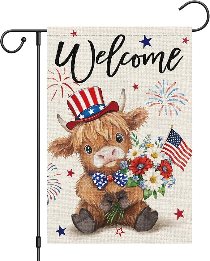 Heyfibro Welcome 4th of July Patriotic Garden Flag 12x18 Double Sided Burlap, Highland Cow with American Flag & Fireworks Yard Banner for Rustic Daisy Independence Day Outdoor Decor