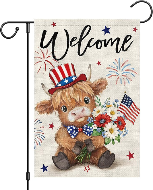 Heyfibro Welcome 4th of July Patriotic Garden Flag 12x18 Double Sided Burlap, Highland Cow with American Flag & Fireworks Yard Banner for Rustic Daisy Independence Day Outdoor Decor
