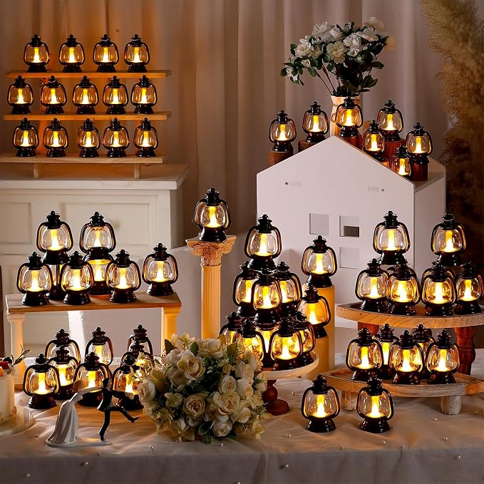 Ferraycle 72 Pcs Mini Lantern Decor 4 Inch Western Lantern Table Centerpiece Small Vintage Camping Hanging Lamp Ornaments Bulk for Cowboy Cowgirl Wedding Halloween Christmas (4 Inch,Black)