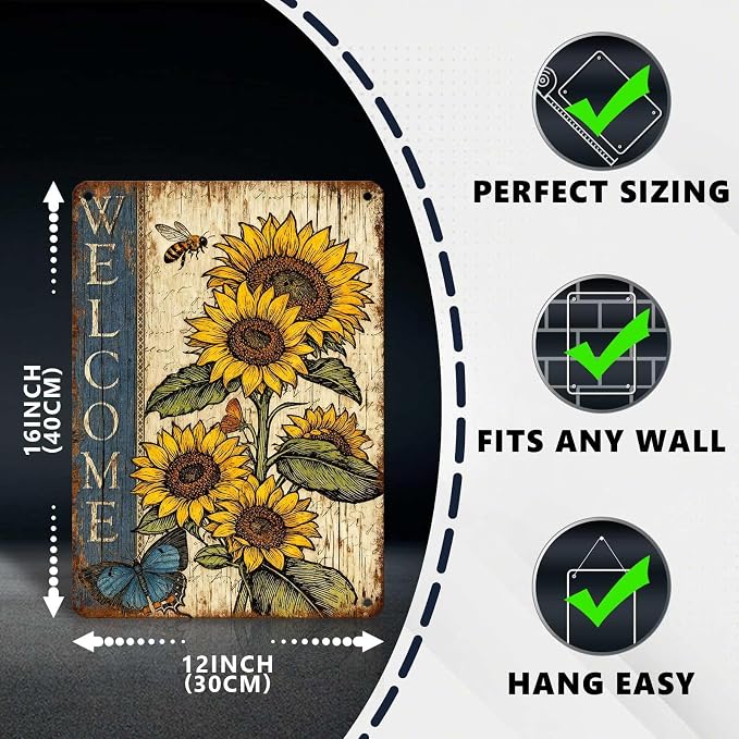 Vintage Sunflower Tin Sign Welcome Retro Garden Metal Sign Rustic Nostalgic Wall Decor For Home Garden Plaque Yard Bar Farmhouse Porch Living Room Cafe Kitchen 16 * 12 In