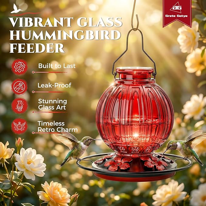 2 Pack Glass Hummingbird Feeder for Outdoors Hanging, Bird Nectar Feeder with Perch & 5 Flower Feeding Ports, 26 Oz Leak Proof for Outside Garden Decor Backyard, Gifts for Women Mom, Red + Purple