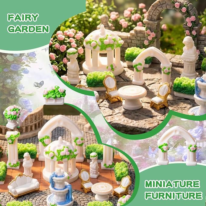 Exasinine 15 Pcs Mini Garden Furniture Ornaments, Micro Resin Patio Set with Table Chair Bench Arch Fountain Statues for DIY Fairy Garden and Home Micro Landscape Decor