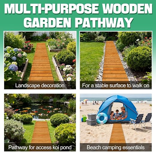 12ft Wooden Garden Pathway - Weather Resistant Carbonized Pine Roll Out Decorative Walkway, Boardwalk Pathway Pavers for Outside Stepping Stones Outdoor Flooring Patio Pool Backyard (Orange)