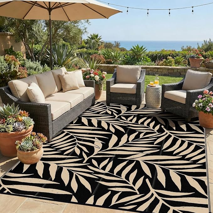 Smiry Outdoor Rug 8x10 ft, Waterproof Reversible Plastic Straw Rugs, Outdoor Area Rug with Leaf Pattern, Outside Floor Mat for Patio, Backyard, Deck, Picnic, Beach, Camping, Black & Beige