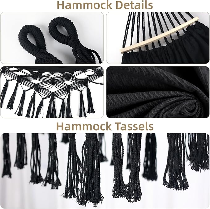Bellzacasa Double Hammock, Heavy Duty 500 lb Load Capacity Tassels and Fishtail Knitting Portable Camping Hammocks with Mounting Straps for Outdoor Camping Patio Balcony Black