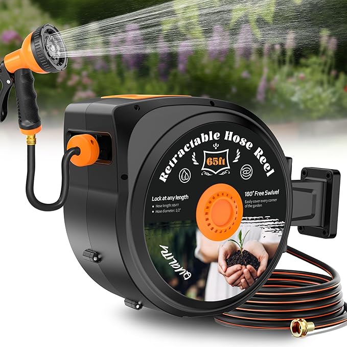 Retractable Garden Hose Reel, 1/2 in x 65 ft Wall Mounted Hose Reel Heavy Duty with 10-Function Sprayer Nozzle, Any Length Lock, Slow Return System, 180°Swivel Bracke for Large Yard Lawn Car Washing