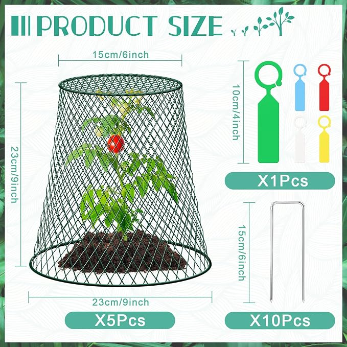 5 Packs 9"x9" Garden Cloches for Plants, Plant Protectors from Animals, Plant Cages for Outdoor Plants, Plant Covers from Animals,Chicken Wire Cloche with Stakes & Labels for Protect Plants,Vegetables