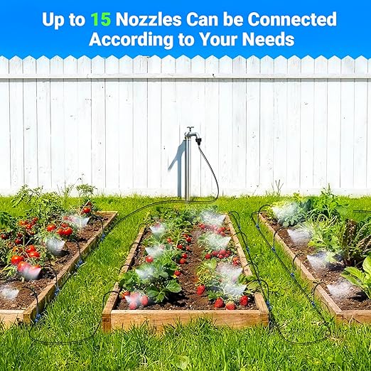 Thiswing 360° Adjustable Drip Irrigation System - Compatible 1/4" Irrigation System, 50FT Automatic Garden Watering Atomizing System with 15 Nozzles, Sprinkler for Yard, Lawn, Plants, Garden