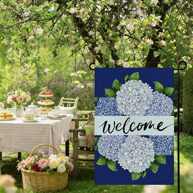 Spring Summer Garden Flag 12x18 Inch Double Sided, Hydrangea Floral Welcome Flag for Yard Outdoor Decoration