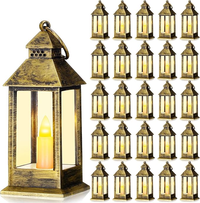 Hoolerry 24 Set 5.5'' Mini Lanterns with LED Candle for Wedding Centerpiece Vintage Decorative Hanging Small Lantern Battery Powered for Halloween Wedding Table Centerpiece(Bronze)