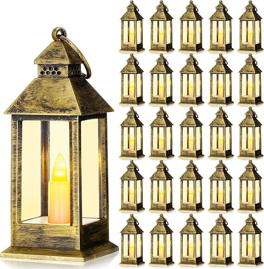 Hoolerry 24 Set 5.5'' Mini Lanterns with LED Candle for Wedding Centerpiece Vintage Decorative Hanging Small Lantern Battery Powered for Halloween Wedding Table Centerpiece(Bronze)