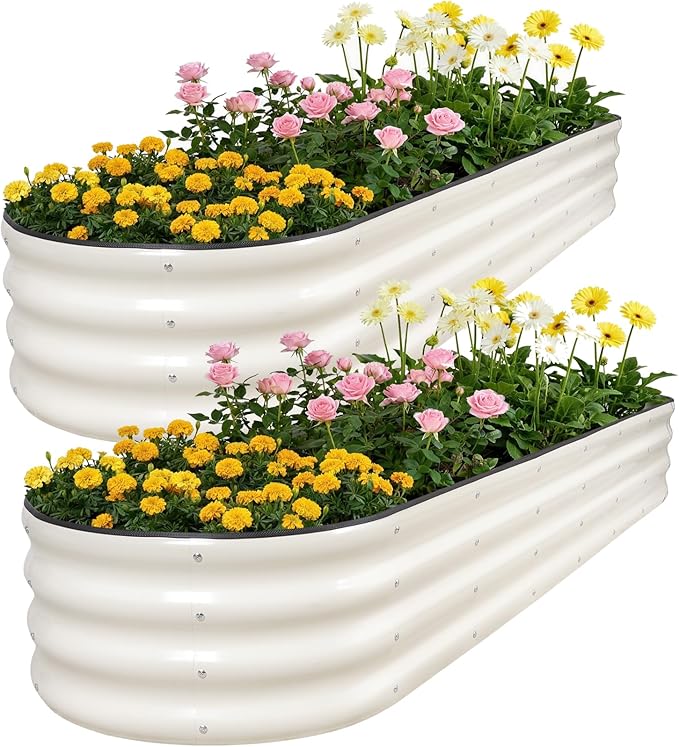 Galvanized Raised Garden Bed 2 Pack, 8x2x1ft Oval Metal Planter Box Outdoor with Support Rods & Corner Protection, Planter Beds for Vegetables, Fruits, Flowers (White)