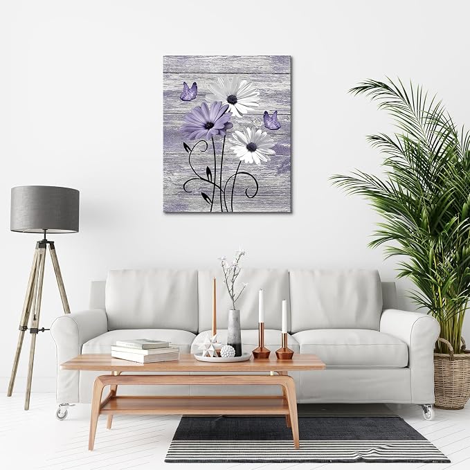 MYUSRE Vintage Floral Purple Canvas Wall Art Farmhouse Daisy and Butterfly on Wooden Pictures Wall Decor Country Wildflower Framed Wall Art for Living Room Bedroom Bathroom Home Decor, 20L X 16W inches