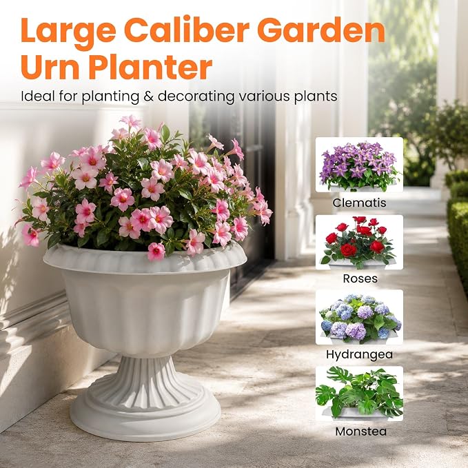 Usocik 12 Inch PP Resin Urn Planters 4 Pack Stone Gray | 4 pack stone gray PP resin urn planters with solid bottom for patio garden wedding event porch and entryway decor