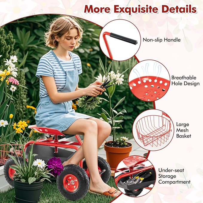 Goplus Rolling Garden Seat with Wheels, Outdoor Gardening Scooter with 360° Swivel Seat, Tool Tray & Basket, Adjustable Steering Handle for Lawn, Gardening Stool, Garden Cart for Planting