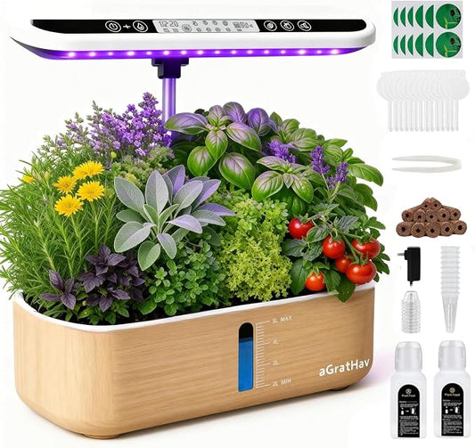 Hydroponics Growing System Kit, Indoor Herb Garden, 14 Pods Upgraded LCD Display, LED Grow Light Quiet Smart Water Pump Automatic Timer, Hydroponic Planter for Home Kitchen Office (White)