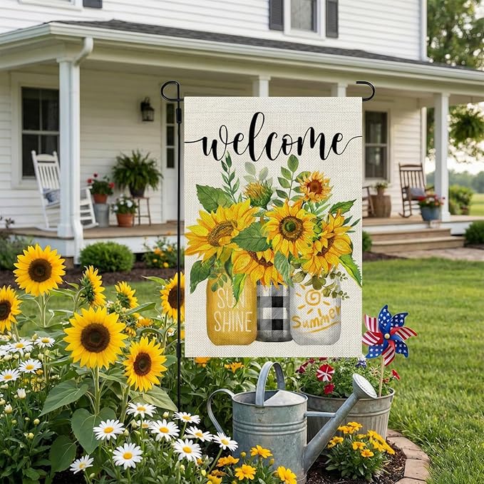 CROWNED BEAUTY Summer Sunflower Garden Flag Mason Jar Double Sided 12x18 Inches Small Burlap Seasonal Welcome Yard Porch Decoration for Outside