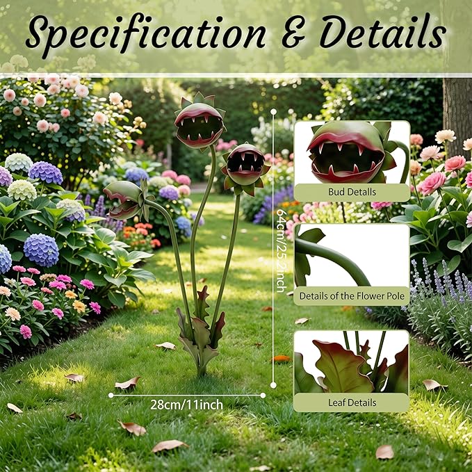 Whimsical Metal Carnivorous Plant Garden Stake, 25-Inch Handmade Venus Flytrap Monster Sculpture, Unique Quirky Yard Art for Garden Patio Lawn Flower Beds, Durable Outdoor Decor Gift (1 pack)