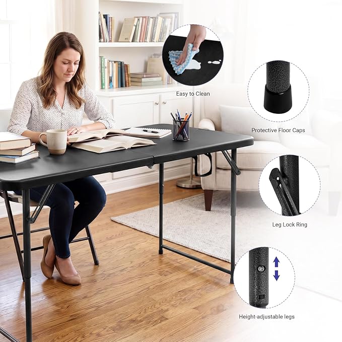 Byliable Folding Table 4 Foot, Heavy Duty Portable Plastic Fold-in-Half Utility 4ft Folding Table with Carrying Handle for Indoor Outdoor, Camping Picnic Party, Black