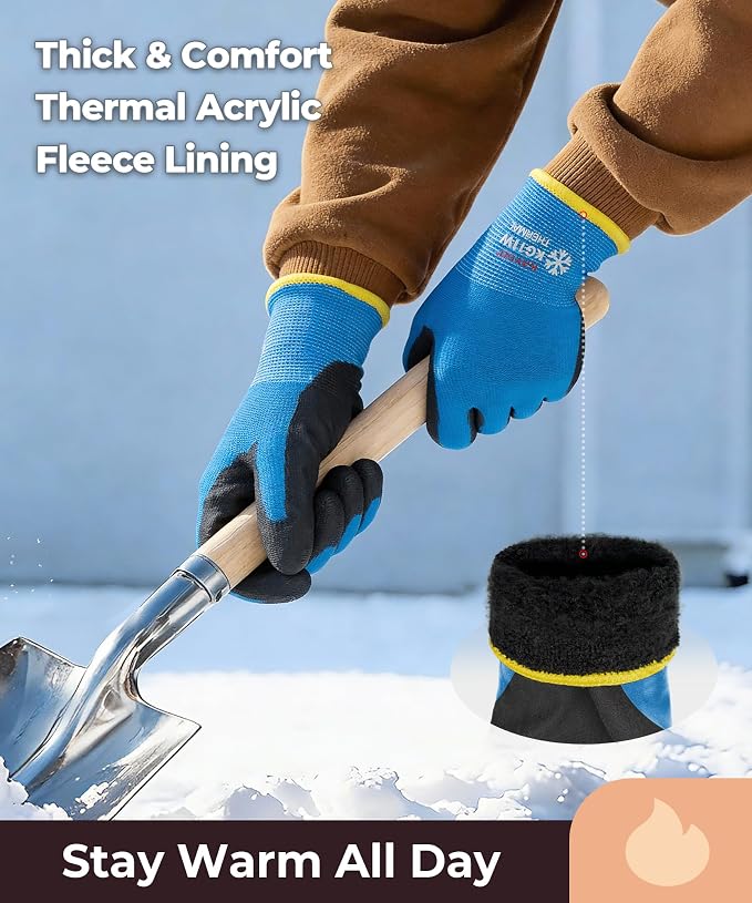 KAYGO 12 Pairs Winter Work Gloves for Men and Women, Thermal Insulated Safety Work Gloves PU Coated, Super Grip,Ideal for Freezer Work,Blue,L