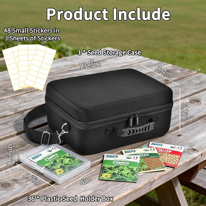 Boobowl 36 Slots Seed Storage Organizer, Hard Shell Seed Holder with Labels, Dry Storage Container for Garden Vegetable Seeds, Sturdy Carrying Bag with Handle and Shoulder Strap (Box Only)
